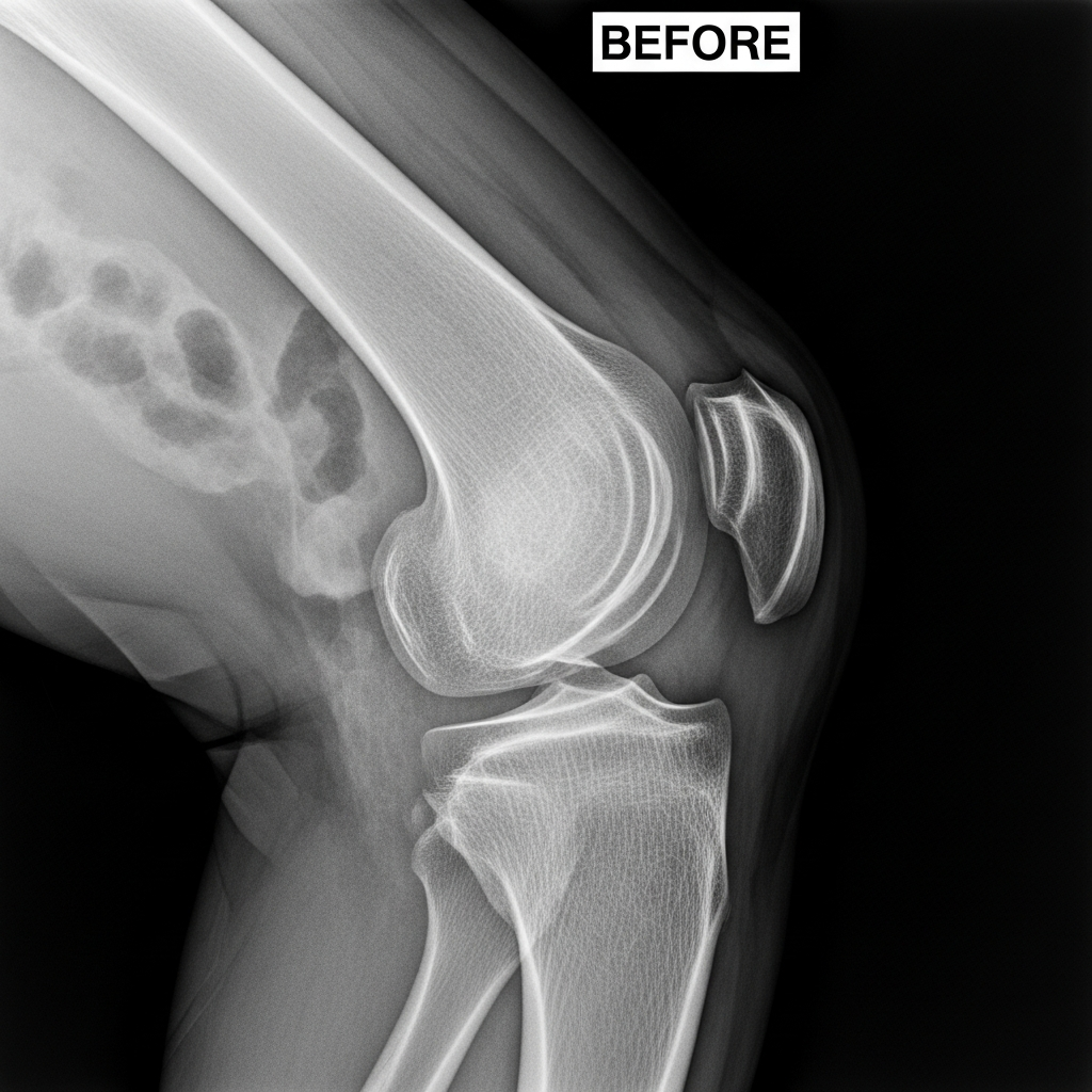 घुटने के दर्द से पहले का X-Ray — ऑस्टियोआर्थराइटिस में घिसा हुआ कार्टिलेज